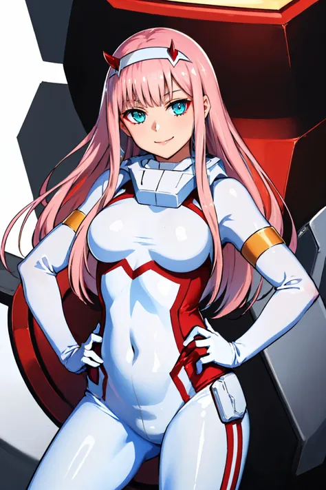 (masterpiece, best quality:1.2), solo, 1girl, zerotwo, smile, looking at viewer, hand on hip, horns, hairband, white bodysuit, white gloves, mecha <lora:zerotwo-nvwls-v1:1.0>