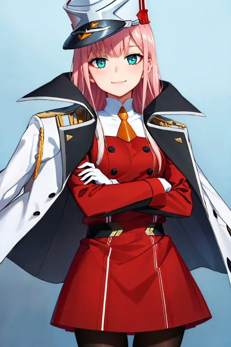 (masterpiece, best quality:1.2), solo, 1girl, zerotwo, smile, looking at viewer, crossed arms, peaked cap, red dress, white gloves, jacket on shoulders, pantyhose <lora:zerotwo-nvwls-v1:1.0>