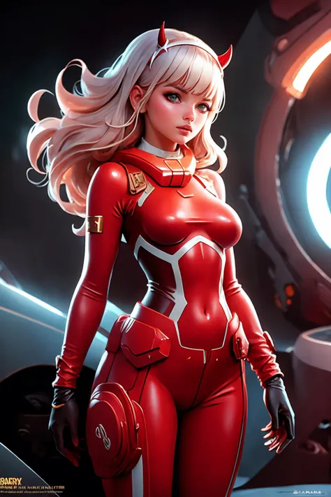 zerotwo,little red horns,hairband,red bodysuit,armlet,<lora:zerotwo-nvwls-v1:1>,(masterpiece, best quality:1.2),mecha theme, hyperrealism, artstation,8k, detailed, professional lighting, gustavo diaz, harper's bazaar, concept art, dramatic, beautiful, highly detailed,8k, hand drawn, by artgerm, Tom Bagshaw, Lawrence Alma-Tadema, greg rutkowski