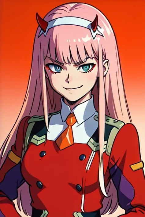 1980s \(style\), retro artstyle,
masterpiece, best quality, highres,
zerotwo, horns, hairband, necktie, red dress, pantyhose, looking at viewer, upper body, smile, furrowed brow, smirk, orange background, gradient background, detailed face and eyes,
<lora:RetroAnimeCraft_v1:1> <lora:zerotwo-nvwls-v1:1>