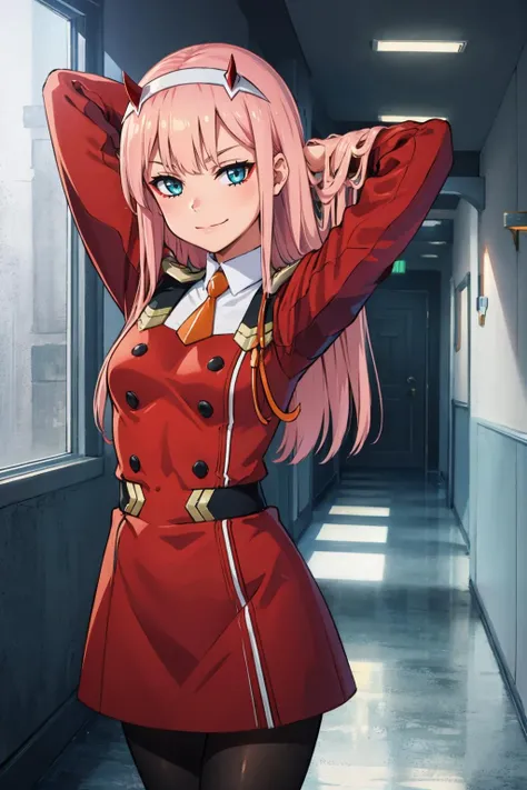 masterpiece, best quality, zerotwo, horns, hairband, necktie, red dress, pantyhose, looking at viewer, cowboy shot, looking at viewer, hallway, white theme, smirk, arms behind head <lora:zerotwo-nvwls-v1-000009:1>