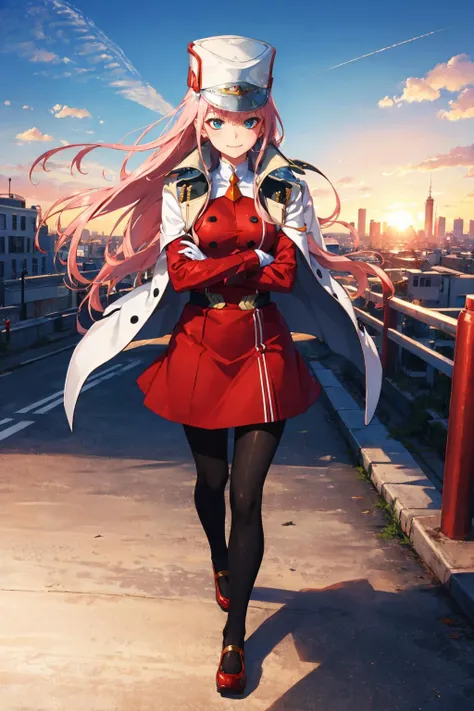 masterpiece, best quality, zerotwo, peaked cap, red dress, white gloves, jacket on shoulders, pantyhose, crossed arms, furrowed brow, smile, city, street, sky, sunset, walking, from side, from above <lora:zerotwo-nvwls-v1-000009:1>
