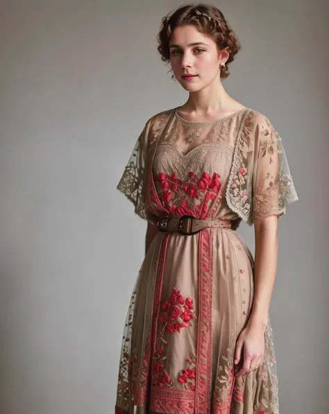 <lora:Titanic_Era_Fashion:0.70> , titanic era fashion, dress, see-through, woman wearing titanic era fashion, short hair, beige dress, floral lace, grey background, belt, red rose embroidery,, RAW photo, subject, 8k uhd, dslr, soft lighting, high quality, film grain, Fujifilm XT3, professional photo, (detailed skin:1.3), high quality,