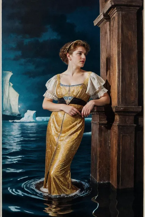 <lora:Titanic_Era_Fashion:0.6>, titanic era fashion, woman, retro cruiseliner, in the ocean, sea, iceberg, fish, night time, dark, flooded, sinking, splashing water,  (sharp forcus, highly detailed, 4k, 8k, best quality, masterpiece, ultra highres:1)