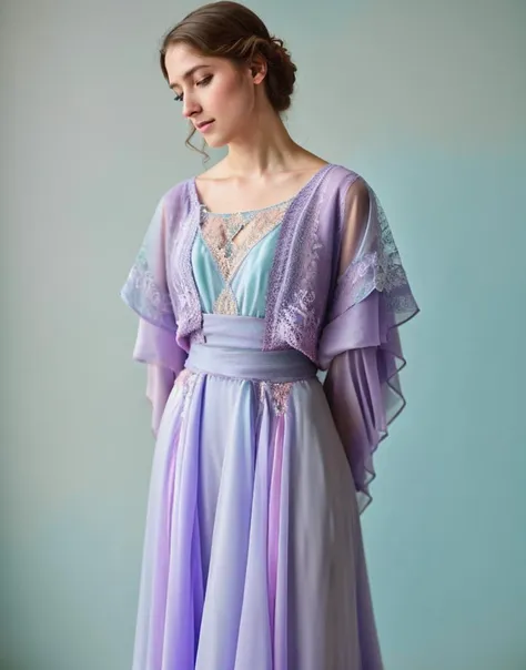 limited palette, pastel colors, purple, aqua, light turquise, light violet, RAW photo, subject, 8k uhd, dslr, portrait, high quality, film grain, Fujifilm XT3, professional photo, (detailed skin:1.3), high quality,   <lora:Titanic_Era_Fashion:0.76> , titanic era fashion, dress, see-through, transparent sleeves, standing, lace,