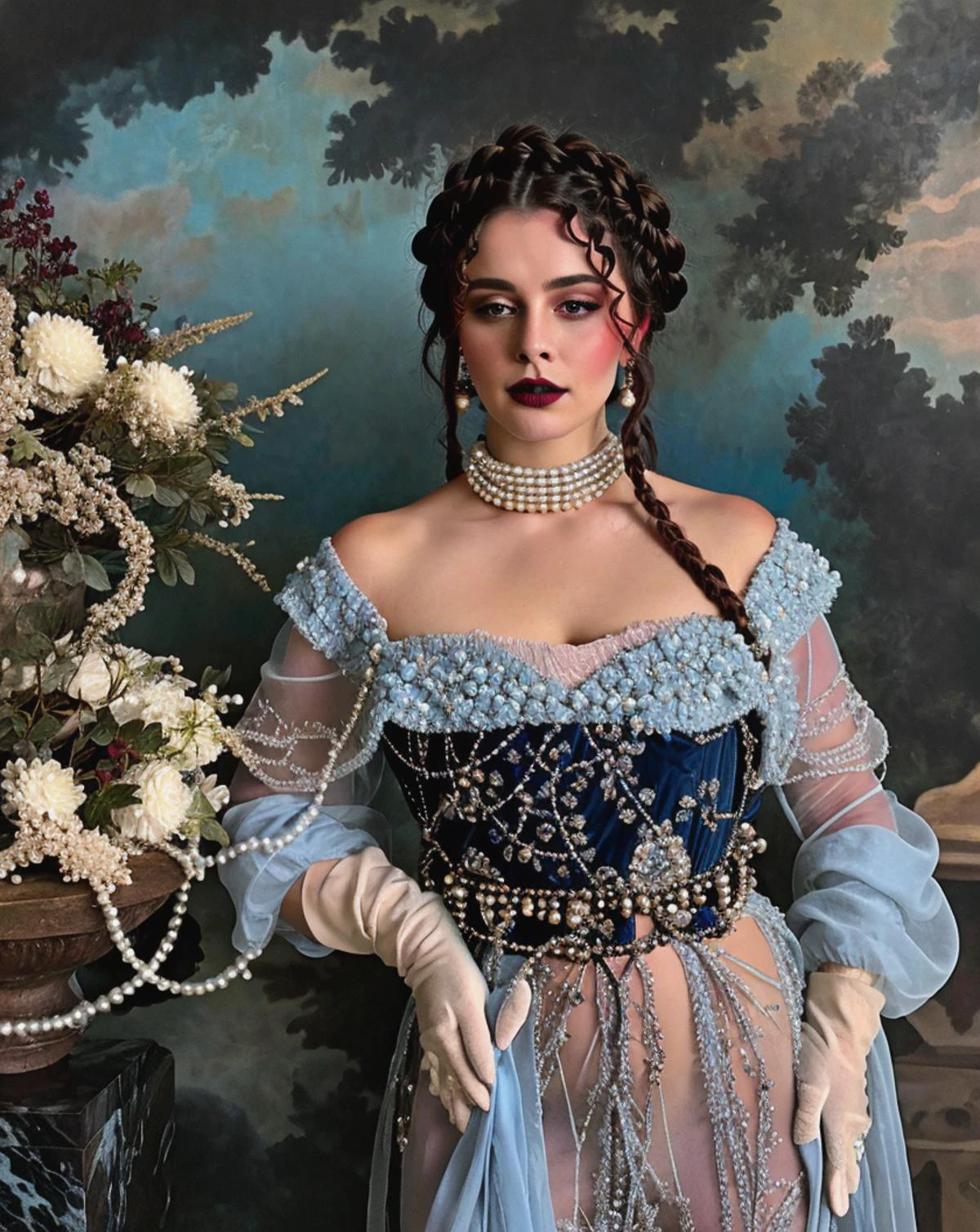 <lora:Titanic_Era_Fashion:0.67> , titanic era fashion, dress, see-through, woman wearing titanic era fashion, {belt}, black chiffon, black eyeshadow, plants, art gallery, woman looking at marble statue, black lipstick, crying, blue eyes, braids, pearls, sequins, beaded embroidery, wine red, <lora:LifeImitatesArt:0.52> , atmospheric depth, harmonious composition, eye-catching juxtaposition, lifeimitatesart, (fashion photography), faded, film grain, muted colors, bust, blue trim, bright eyes, angel sculpture, gloves, dried flowers,, RAW photo, subject, 8k uhd, dslr, soft lighting, high quality, film grain, Fujifilm XT3, professional photo, (detailed skin:1.3), high quality,