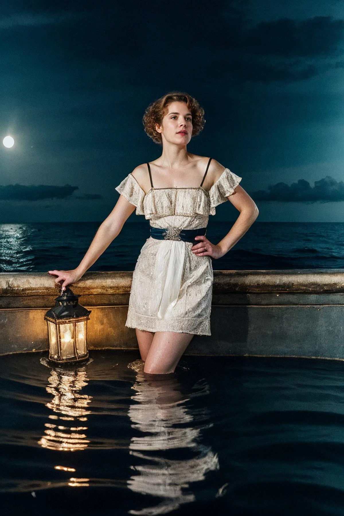 <lora:Titanic_Era_Fashion:0.6>, titanic era fashion, woman, retro cruiseliner, in the ocean, sea, iceberg, fish, night time, dark, flooded, sinking, splashing water, (sharp forcus, highly detailed, 4k, 8k, best quality, masterpiece, ultra highres:1)
