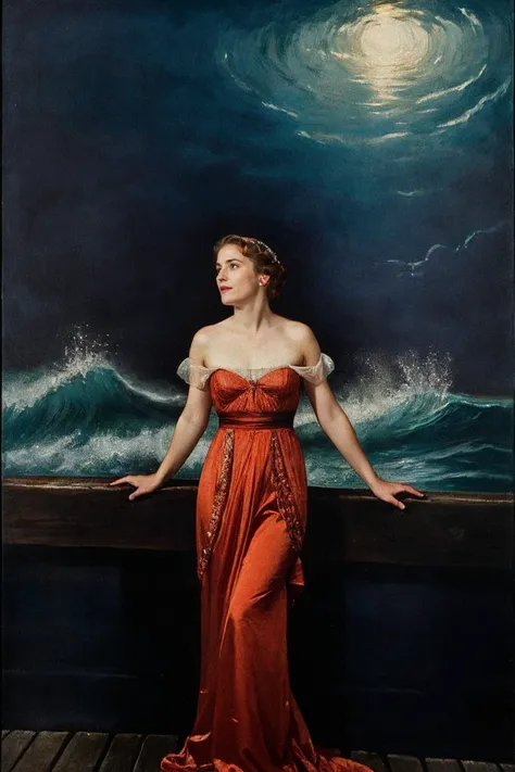 <lora:Titanic_Era_Fashion:0.6>, titanic era fashion, woman swimming in the ocean, sea, fish, night time, dark, (sharp forcus, highly detailed, 4k, 8k, best quality, masterpiece, ultra highres:1)