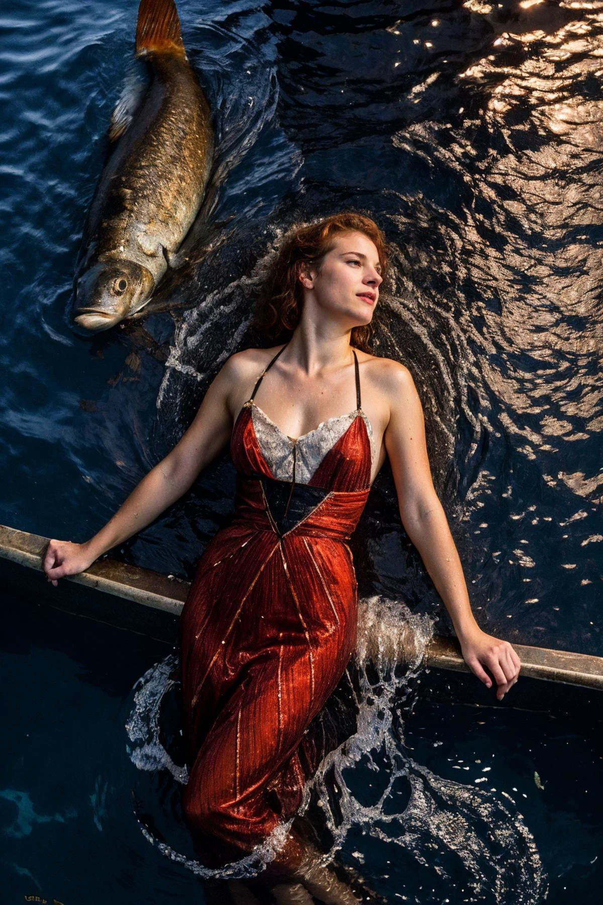 <lora:Titanic_Era_Fashion:0.6>, titanic era fashion, woman swimming in the ocean, sea, fish, night time, dark, flooded, sinking, splashing water, (sharp forcus, highly detailed, 4k, 8k, best quality, masterpiece, ultra highres:1)