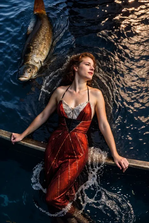 <lora:Titanic_Era_Fashion:0.6>, titanic era fashion, woman swimming in the ocean, sea, fish, night time, dark, flooded, sinking, splashing water,  (sharp forcus, highly detailed, 4k, 8k, best quality, masterpiece, ultra highres:1)