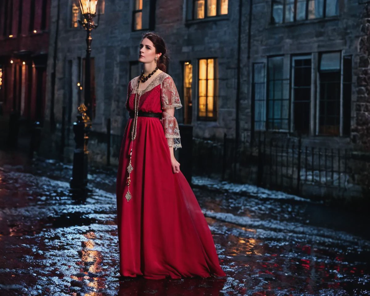 <lora:Titanic_Era_Fashion:0.68> , titanic era fashion, dress, see-through, woman wearing titanic era fashion, <lora:Vampirecore:0.65> , vampirecore, vampirecore style, vampirecore fashion, vampirecore scene, necklace, 19th century tow, scenery, lace sleeves, night, street, blood, outside, vampirecore scenery, windows, houses, walking through victorian streets, red dress, black details, rings, running, tilted head, arm outstretched, black hair, pale eyes, straight hair, chiffon, silk, hauntingly beautiful, slim eyes, dark, hard shadows, dark shadows, (skandinavian), hunting, weaponsbelt, ((solo focus:1.7)), embroidery, braid, solo, bangs, low ponytail, tattoo, choker, leather details, ivy, from below, (puffy sleeves), street lamps, night sky, reflection, puddle, ripples, high neckline,, RAW photo, subject, 8k uhd, dslr, soft lighting, high quality, film grain, Fujifilm XT3, professional photo, (detailed skin:1.3), high quality,