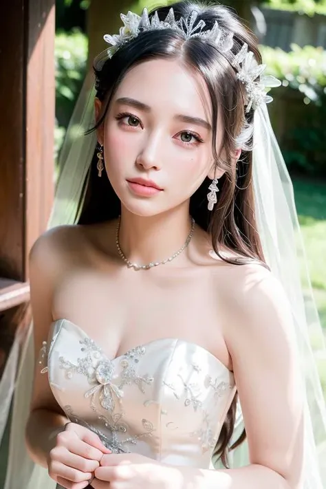 Nikon RAW photo,8 k, Fujifilm XT3,masterpiece, best quality, realistic, photorealistic, sharp, clear, vivid, artistic, captivating, stunning, breathtaking, masterful, detailed, depth of field, bokeh, caustics, frontal photography, close-up shot, low-angle shot, grand, elegant, bright, natural, radiant girl, roses, church, wedding dress, smile, happiness, joy, grandeur, elegance, beauty, nature, bouquet, ornate decorations, stone walls, arched windows, soft glow, natural light, romance, nvshen <lora:nvshen_v1:0.8>