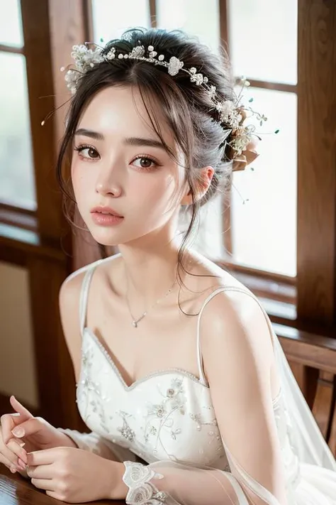 Nikon RAW photo,8 k, Fujifilm XT3,masterpiece, best quality, realistic, photorealistic, depth of field, bokeh, caustics, frontal photography, close-up shot, low-angle shot, grand, elegant, bright, natural, radiant girl, roses, church, wedding dress, smile, happiness, joy, grandeur, elegance, beauty, nature, bouquet, ornate decorations, soft glow, natural light, romance, nvshen <lora:nvshen_v1:0.8>