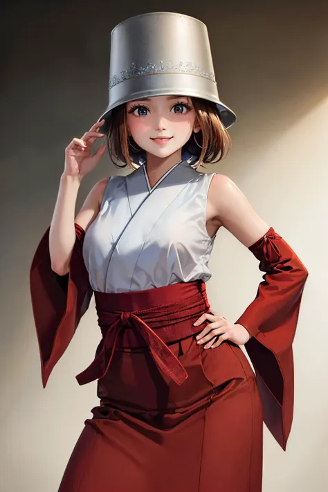 (masterpiece, best quality:1.2), cowboy shot, solo, 1girl, smile, looking at viewer, hand on hip, bucket on head, japanese clothes, kimono, detached sleeves, red hakama skirt <lora:attire_bucketonhead:1.0>