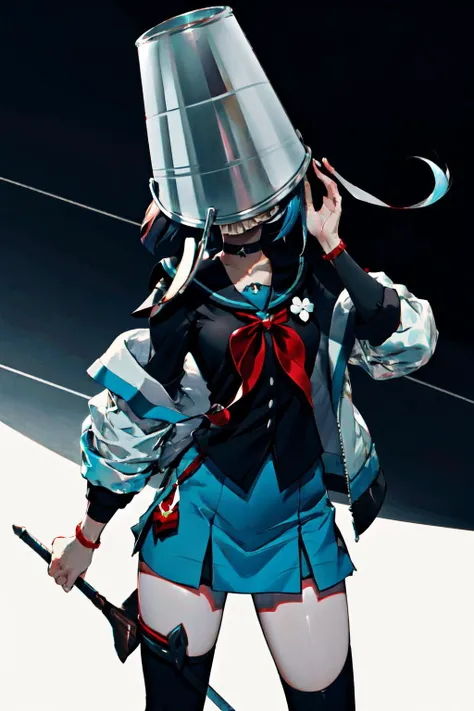 Highly detailed, High Quality, Masterpiece, beautiful, 1girl, solo, ShonagonBase, jacket with blue trim, black shirt, sailor collar, skirt, choker, <lora:Char_Fate_SeiShonagon:0.75>, ((bucket on head, covered face)), <lora:Looks_BucketOnHead:1.4>, bucket covering face