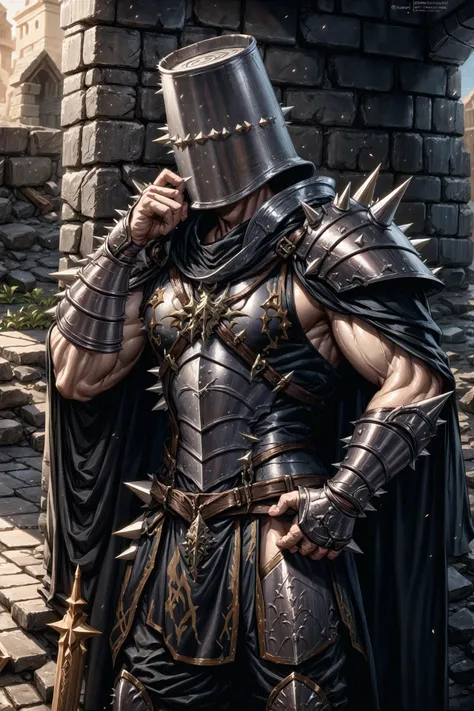 <lora:flat2:-1>, muscular, <lora:attire_bucketonhead:1>, bucket on head, covered face, <lora:Clothing - Spiky Armor_v1.2:0.8>, , wearing spiky paladin armor, spikes, medieval, fantasy