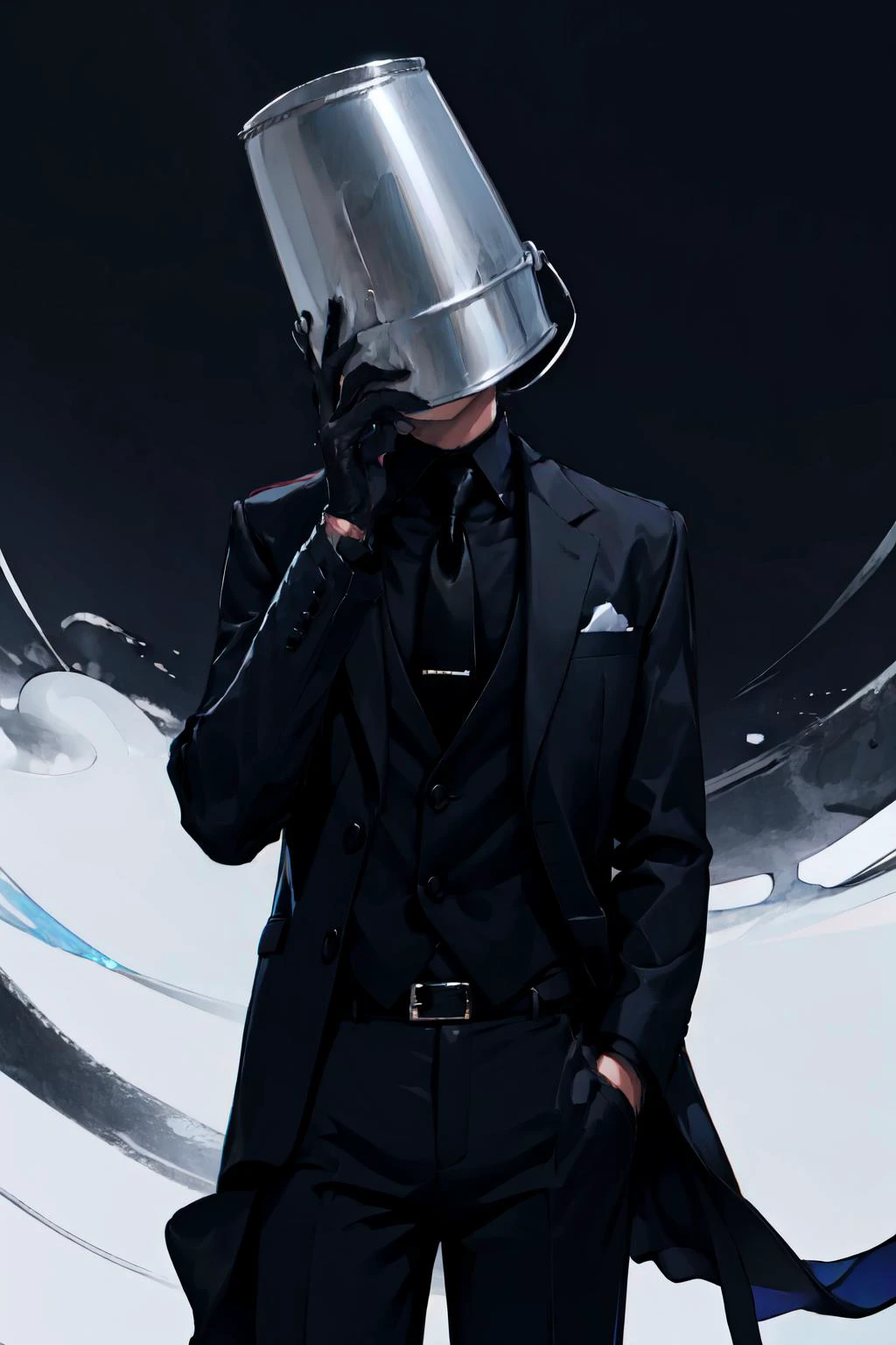 Highly detailed, High Quality, Masterpiece, beautiful, 1boy, justtnp, formal, black jacket, black necktie, black pants, <lora:Char_OC_JustTNP:0.7>, bucket on head, covered face, <lora:Looks_BucketOnHead:1>, no eyes,