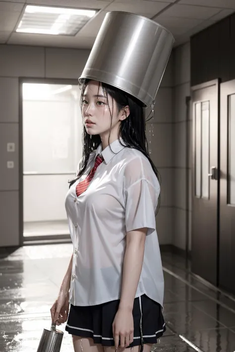 <lora:attire_bucketonhead:1>, bucket on head, best quality, masterpiece, illustration, (realistic, photo-realistic:1.37), amazing, finely detail, incredibly absurdres, huge filesize, ultra-detailed, highres, extremely detailed CG unity 8k wallpaper, ray tracing, nsfw, nude, 1girl, underwear, An illustration of a surprised young Korean woman with long black hair wearing a metal bucket on her head that has just had water dumped on her. Water drips down her face. The bucket covers her hair but not her face. She is standing in a school hallway completely drenched, wearing a white short sleeve uniform top with a few buttons undone and a red necktie. Her soaked uniform clings to her body, becoming semi-transparent and outlining her curvy figure underneath.