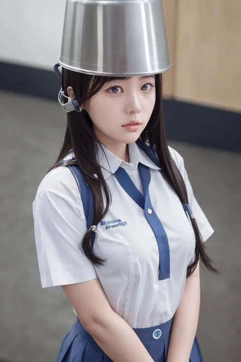 <lora:attire_bucketonhead:1>, bucket on head, best quality, masterpiece, illustration, (realistic, photo-realistic:1.37), amazing, finely detail, incredibly absurdres, huge filesize, ultra-detailed, highres, extremely detailed CG unity 8k wallpaper, ray tracing, 1girl, , An illustration of a surprised Korean high school girl wearing a metal bucket on her head that has just had water dumped on her. The bucket covers her hair but not her face. She is standing in a school hallway completely soaked, her wet hair and school uniform sticking to her body's shape.