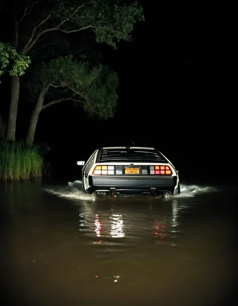 very dark focused flash photo of a person swimming in a not flooded delorean at night in the dark <lora:sdxl_darkflash_v6-000060:0.9>