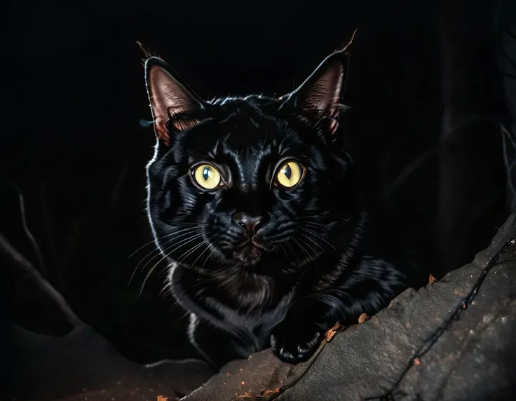 <lora:sdxl_darkflash_v6:1.2> very dark focused flash photo of an amazing black cat at night, camera glare, wide angle, black background. Even if he is very close to you, you won't see him as anything other than a black blob unless he open his eyes. Chroma, 8k resolution, trending on artstation