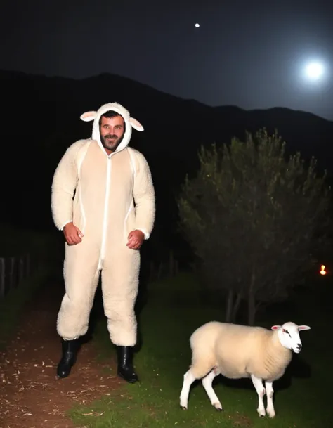 very dark focused flash photo of a man wearing a sheep suit in front of people with unexpected background at night in the dark <lora:sdxl_darkflash_v4-000021:1.0>