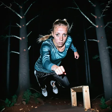grainy photograph, very dark focused flash photo of a 23yo athletic danish woman's fist, dark dense shadowy gloomy forest at night, wide angle, black background <lora:sdxl_darkflash_v6:1>