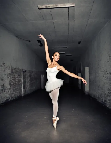 very dark focused flash photo of a smiling woman en pointe in an abandoned dark classroom, jpeg artifacts, indoors, long shadow, wide angle, night, vignette, grainy, lit from the front <lora:sdxl_darkflash_V1-step00000800:1.0>