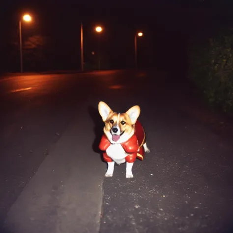very dark focused flash photo of a corgi in a hotdog costume on a dark concrete street at night, wide angle . faded film, desaturated, 35mm photo, grainy, vignette, vintage, Kodachrome, Lomography, highly detailed, found footage <lora:sdxl_darkflash_V1-step00000800:1>