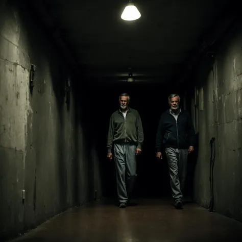 very dark focused flash, two men walking towards the viewer in a dark house hallway, black background . vignette, highly detailed, moody, film grain, grainy <lora:sdxl_darkflash_V1-step00000800:1.1>