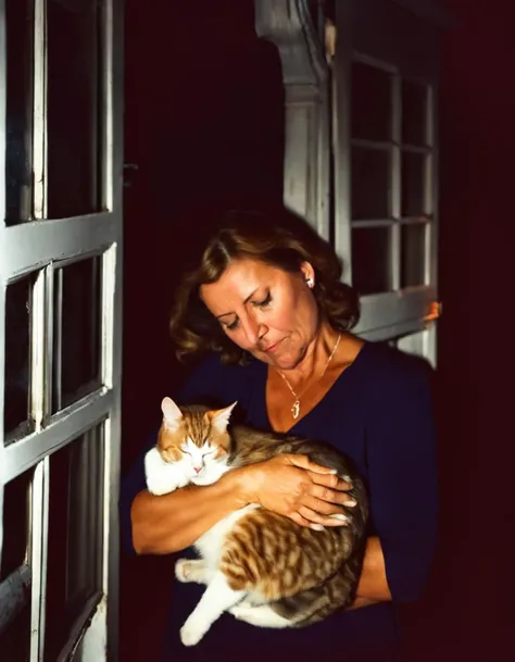 very dark focused flash photo of constipated woman holding cat sleeping by a window at night in the dark <lora:sdxl_darkflash_v4-000021:1.0>
