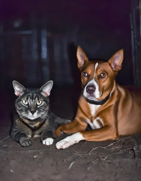 very dark focused flash photo of a dog and a cat lying in a dark room at night <lora:sdxl_darkflash_v4-000021:0.9>