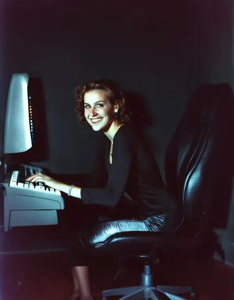 very dark focused flash photo of side view of a grinning woman sitting in a chair keyboard in a dark bedroom and facing the viewer <lora:sdxl_darkflash_v4-000021:0.9>