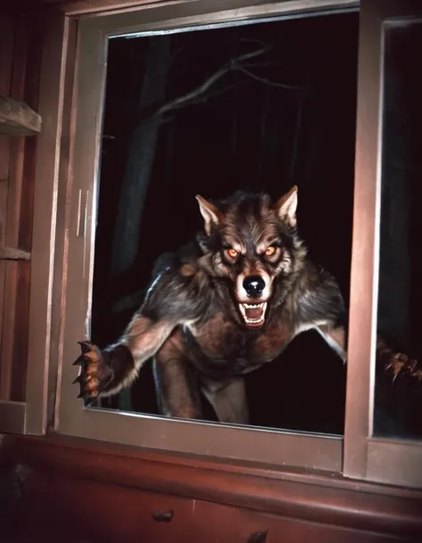 very dark focused flash photo of found footage of werewolf with sharp claws staring from behind the window of a dark bedroom at night with a dark forest in the background<lora:sdxl_darkflash_v4-000021:0.9>