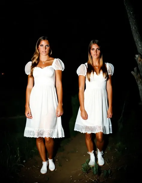 very dark focused flash photo found footage of a bunch of young women in white dresses staring and standing far away in the dark at night, <lora:sdxl_darkflash_v6-000060:0.95>