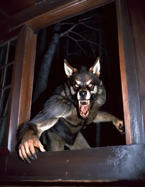 very dark focused flash photo of found footage of a werewolf with sharp claws staring from behind the window of a dark bedroom at night with a dark forest in the background<lora:sdxl_darkflash_v6-000060:0.8>