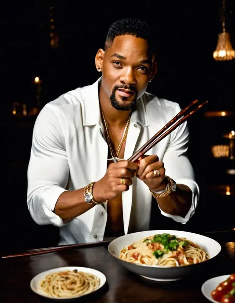 very dark focused flash photo of extremely handsome Will Smith holding a pair of chopsticks with a bowl of spaghetti in the dark <lora:sdxl_darkflash_v6-000060:0.8>