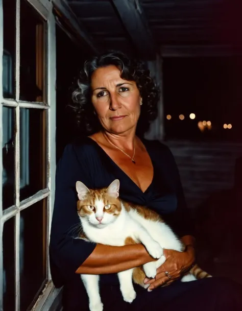 very dark focused flash photo of constipated woman holding cat sleeping by a window at night in the dark <lora:sdxl_darkflash_v6-000060:0.8>