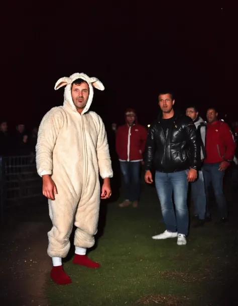 very dark focused flash photo of a man wearing a sheep suit in front of people with unexpected background at night in the dark <lora:sdxl_darkflash_v6-000060:1>