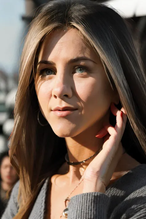 jenniferAn1 piercing eyes, looking straight, very happy,long hair, wearing an gray wool sweater, choker, closeup portrait, in a outdoor cafe in 2015, afternoon light