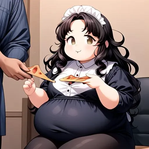 (masterpiece:1.4), high quality, high definition, sharp focus, detailed clothes, detailed body, detailed face, anime, best quality, 4k, 8k, absurd resolution, intricate detail, detailed hands, detailed eyes, animation, illustration, highly detailed, highres, extremely detailed, <lora:hyperdenoiser_v090:0.6>, <lora:perfetfingers:1>, OverallDetail, ah1, <lora:hyperrefiner_v090:0.6>, <lora:add_detail:1>, <lora:ETO_OCC002:0.7> ETO_OCC, black hair, (curly hair:1.5), long hair, thick eyebrows, (looking at viewer), (fat:1.6), (hazel eyes:1.5), (parted bangs:1.8), 1girl, skindentation, <lora:softservice:0.5> softservice, maid costume, full body, maid, maid headdress, maid apron, (sweet smile), (eating pizza:1.4), (pizza), (holding pizza), (girl with a slice of pizza in her mouth),  Pizza-TV-Couch, (detailed pizza), (pizza on mouth)