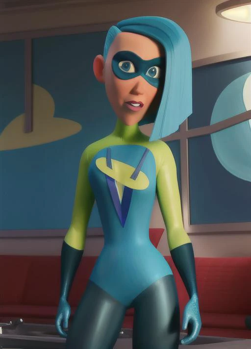 Voyd, turquoise eyes, teal hair, ssmile, tight lime green and teal leotard with sleeves, mask, whole body, pose, best qualityer