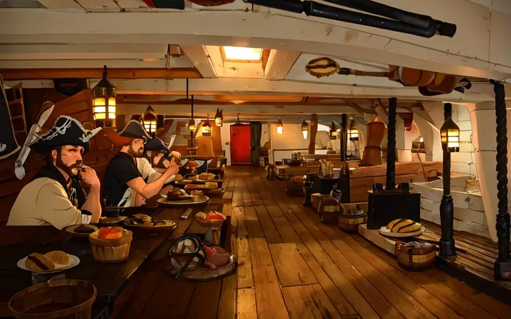 wooden planks, gun deck, cannons, mess table, below deck, ((pirate crew eats dinner), pirate men, eating, banquet, biscuits, meat, ale,)