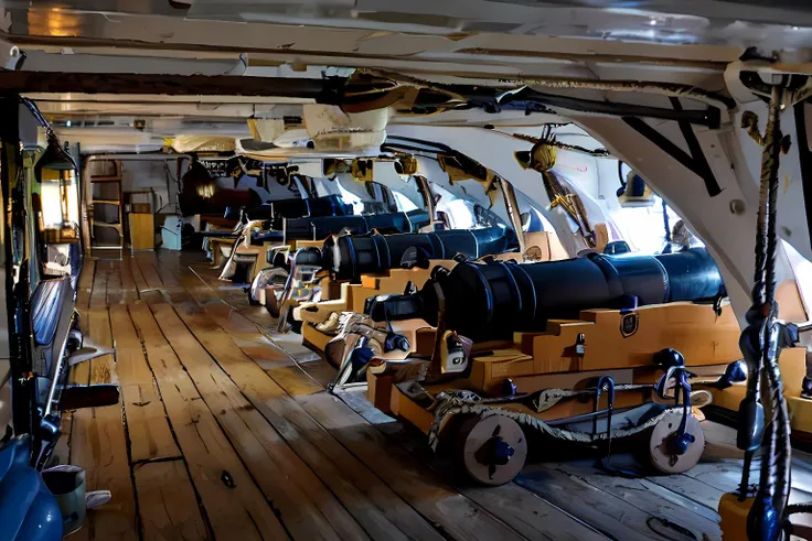 gun deck, cannons, mess tables,