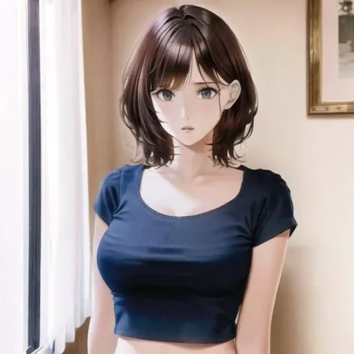 (Highly Rated Professional 3D rendering:1.3) of (Realistic:1.3) from side, 1 girl, <lora:Aoi Tsukasa:0.8> solo, short wavy hair, underboob, blue shirt, <lora:UnderboobV1:0.7> hand to own mouth, sitting on bed, bedroom,CGSociety,ArtStation,(Fujifilm Superia:1.3)