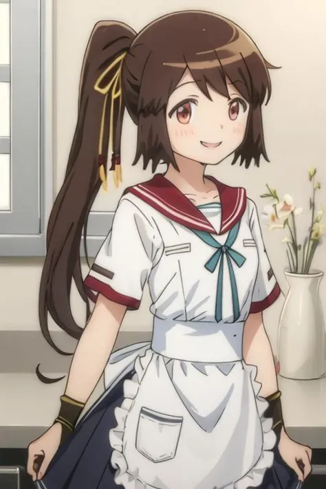 best quality, masterpiece, highres, solo, {yui_tsuruno_puellamagimadokamagicasidestorymagiarecord:1.15}, brown_hair, long_hair, side_ponytail, blush, brown_eyes, ribbon, serafuku, hair_ribbon, 1girl, bangs, closed_mouth, dot_nose, light_blush, looking_at_viewer, red_eyes, red_sailor_collar, sailor_collar, school_uniform, shirt, sidelocks, swept_bangs, tareme, hair_ornament, happy, indoors, smile, split_mouth, white_shirt, apron, layered_sleeves, neck_ribbon, portrait, short_sleeves, tassel, yellow_ribbon