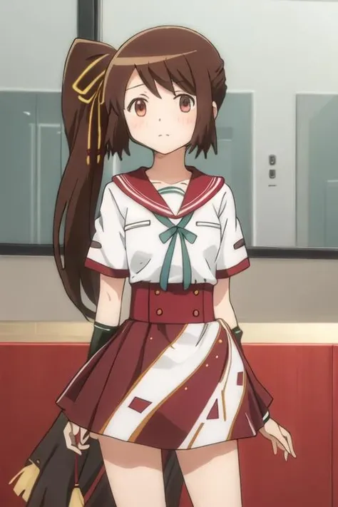 best quality, masterpiece, highres, solo, {yui_tsuruno_puellamagimadokamagicasidestorymagiarecord:1.15}, brown_hair, long_hair, side_ponytail, blush, brown_eyes, ribbon, serafuku, hair_ribbon, 1girl, red_eyes, school_uniform, short_hair
