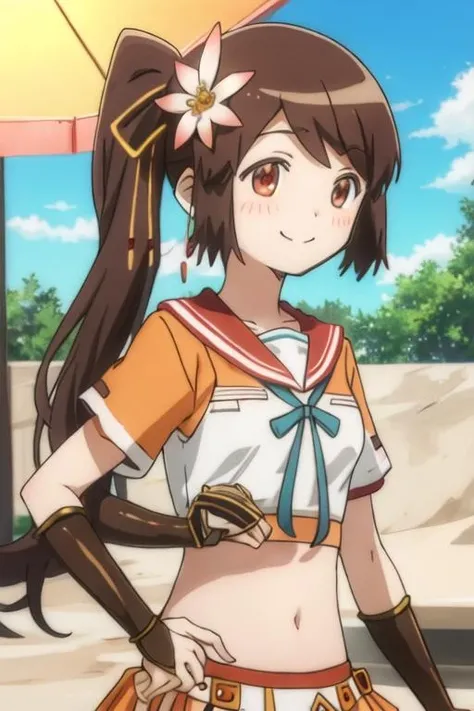 best quality, masterpiece, highres, solo, {yui_tsuruno_puellamagimadokamagicasidestorymagiarecord:1.15}, brown_hair, long_hair, side_ponytail, blush, brown_eyes, ribbon, serafuku, hair_ribbon, 1girl, bangs, dot_nose, earrings, flower, hair_flower, hair_ornament, jewelry, looking_at_viewer, magical_girl, smile, light_blush, orange_shirt, short_sleeves, upper_body, closed_mouth, shirt, tareme, arms_at_sides, crop_top, midriff, shiny, sidelocks, small_breasts, blurry, light_smile