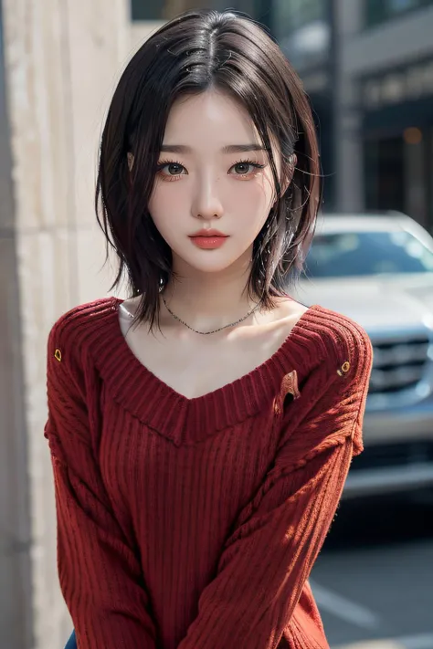 Best quality, masterpiece, ultra high res, (photorealistic:1.4), raw photo, upper body, <lora:triplesYooyeon:0.9>, yooyeon, red ribbed sweater,