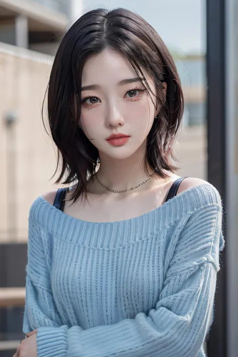 Best quality, masterpiece, ultra high res, (photorealistic:1.4), raw photo, upper body, <lora:triplesYooyeon:0.9>, yooyeon, blue ribbed sweater,
